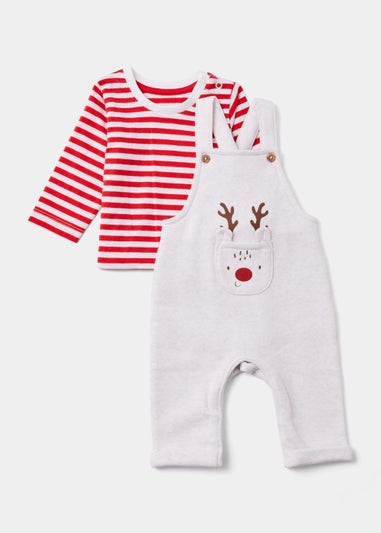 Baby Red Christmas Reindeer Dungarees & T-Shirt Set (Newborn-23mths)