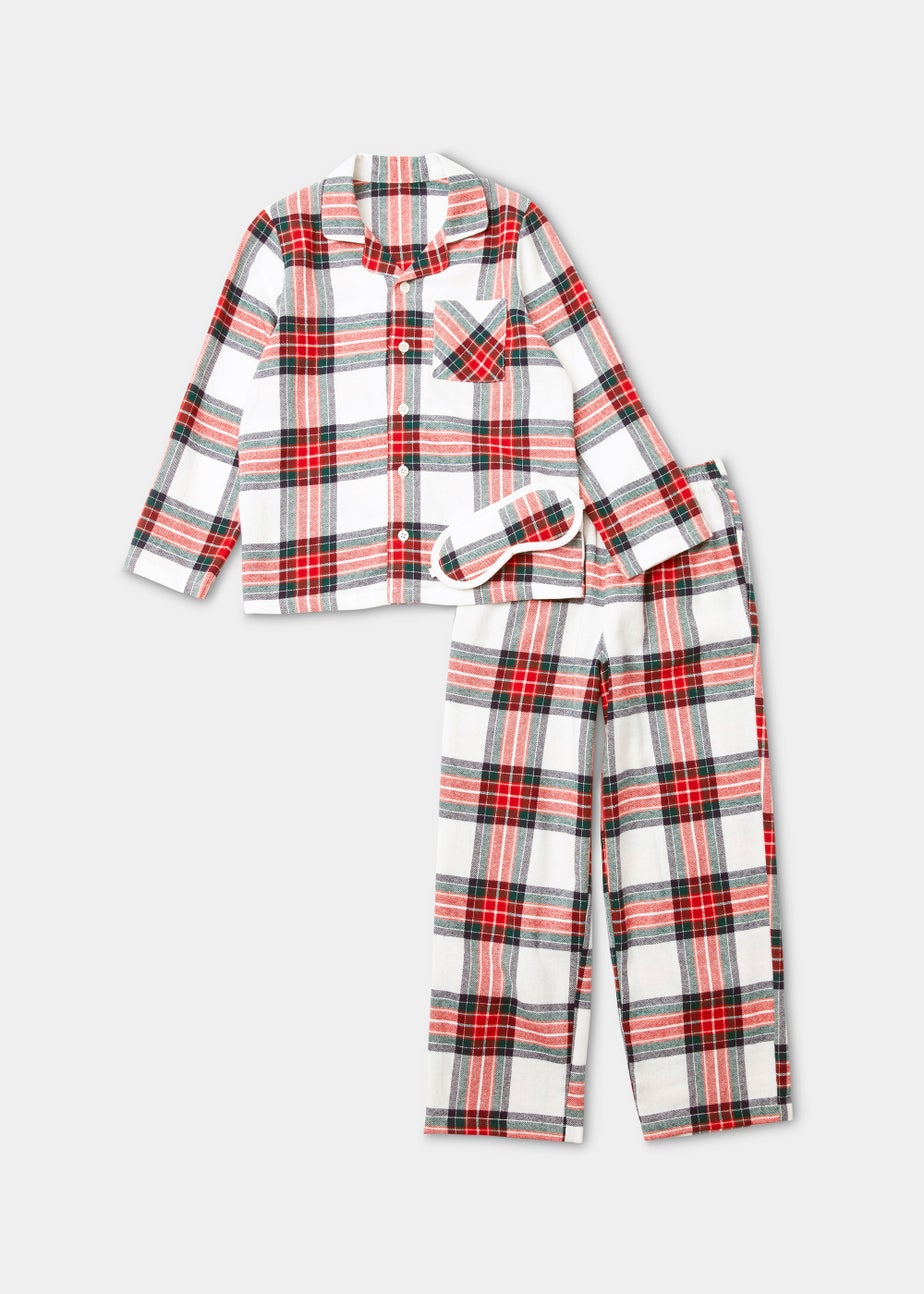 Kids Cream Check Traditional Pyjama & Eye Mask Set (4-12yrs)