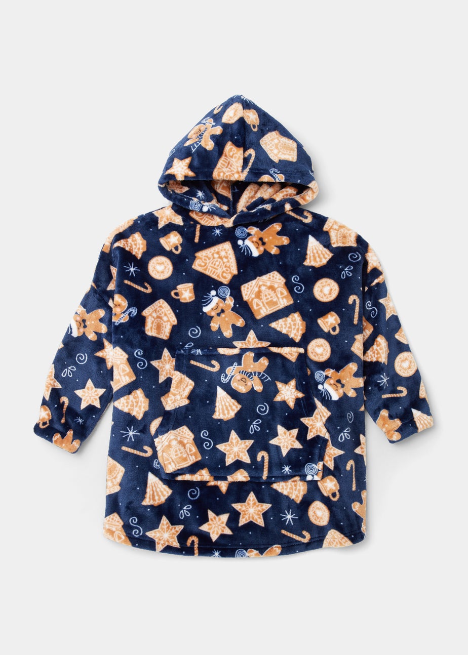 Kids Blue Gingerbread Print Snuggle Hoodie (Small-Large)
