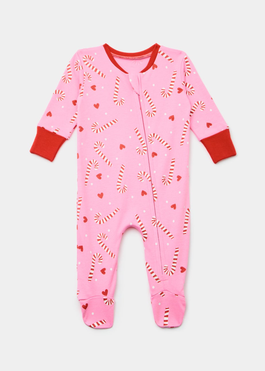 Baby Pink Christmas Candy Cane Print Zip Up Sleepsuit (Newborn-18mths)