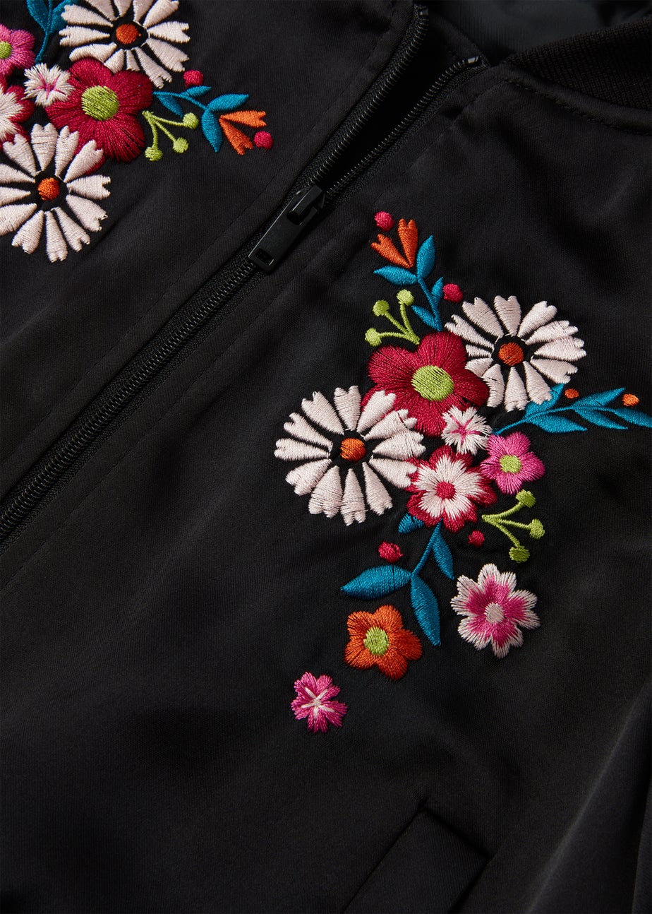 Girls Black Satin Floral Embroidered Bomber Jacket (4-13yrs)