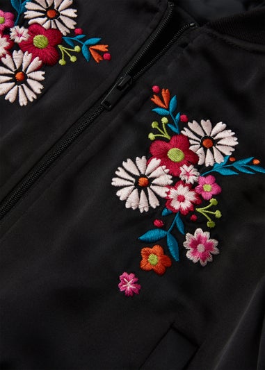 Girls Black Satin Floral Embroidered Bomber Jacket (4-13yrs)