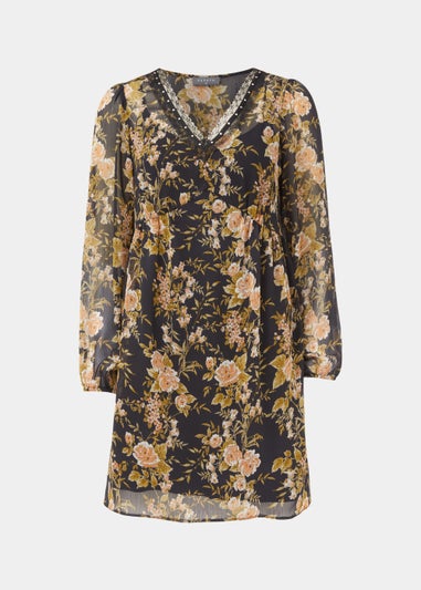 Black Floral Lace Trim Mini Dress