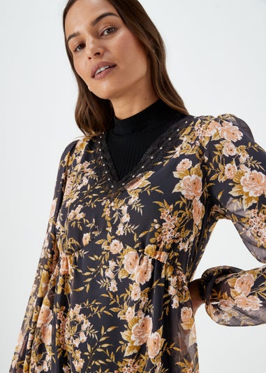 Black Floral Lace Trim Mini Dress