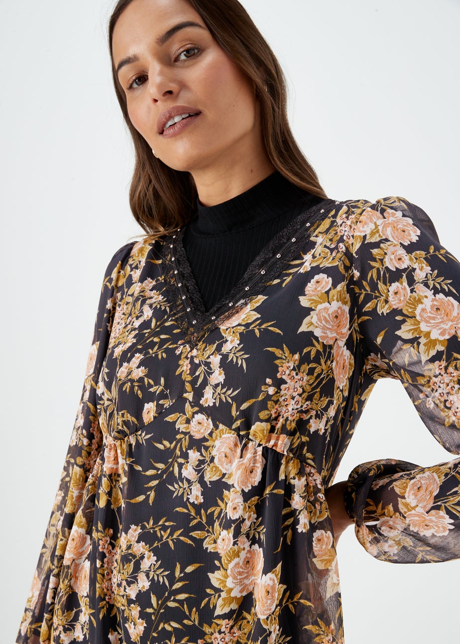 Black Floral Lace Trim Mini Dress