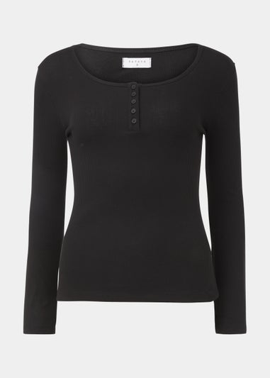 Black Henley Ribbed Long Sleeve Top