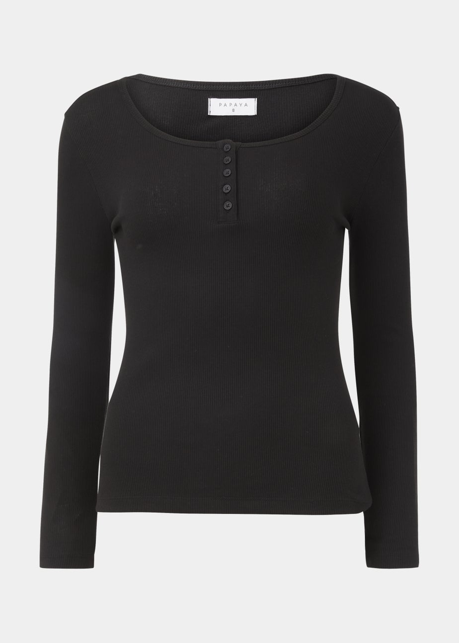 Black Henley Ribbed Long Sleeve Top