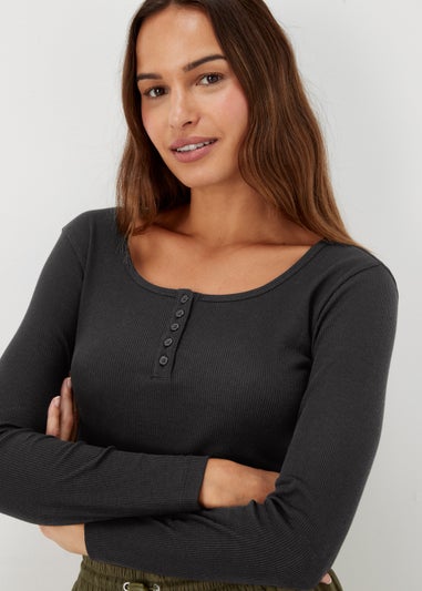 Black Henley Ribbed Long Sleeve Top