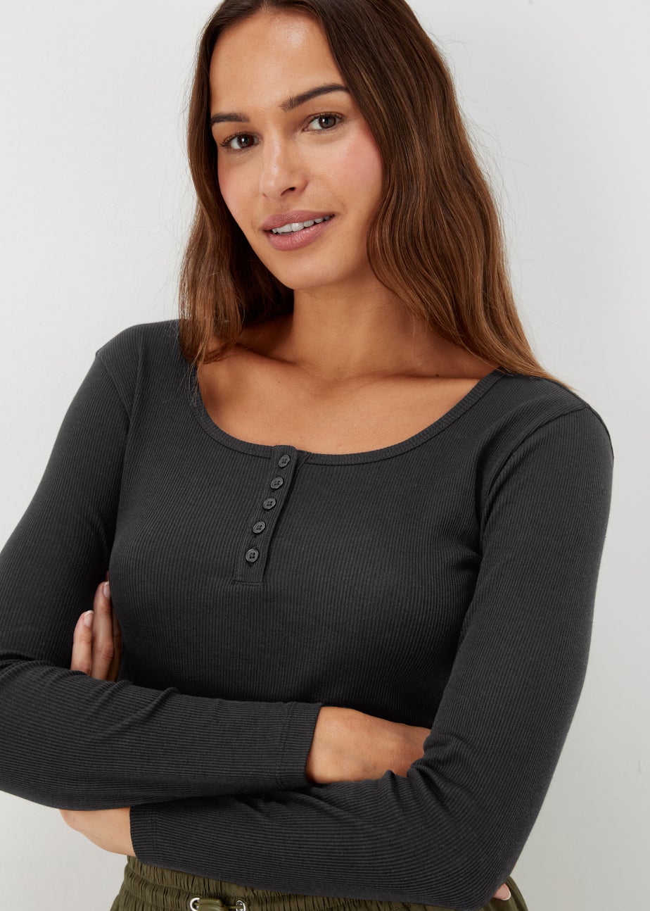 Black Henley Ribbed Long Sleeve Top