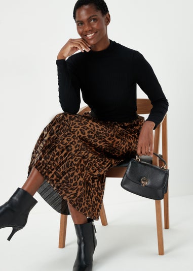 Gold Animal Print Plisse Midi Skirt