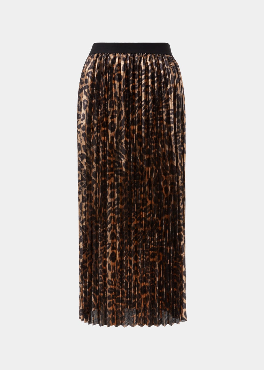 Gold Animal Print Plisse Midi Skirt