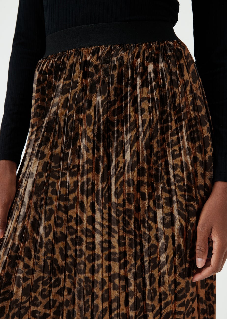 Gold Animal Print Plisse Midi Skirt