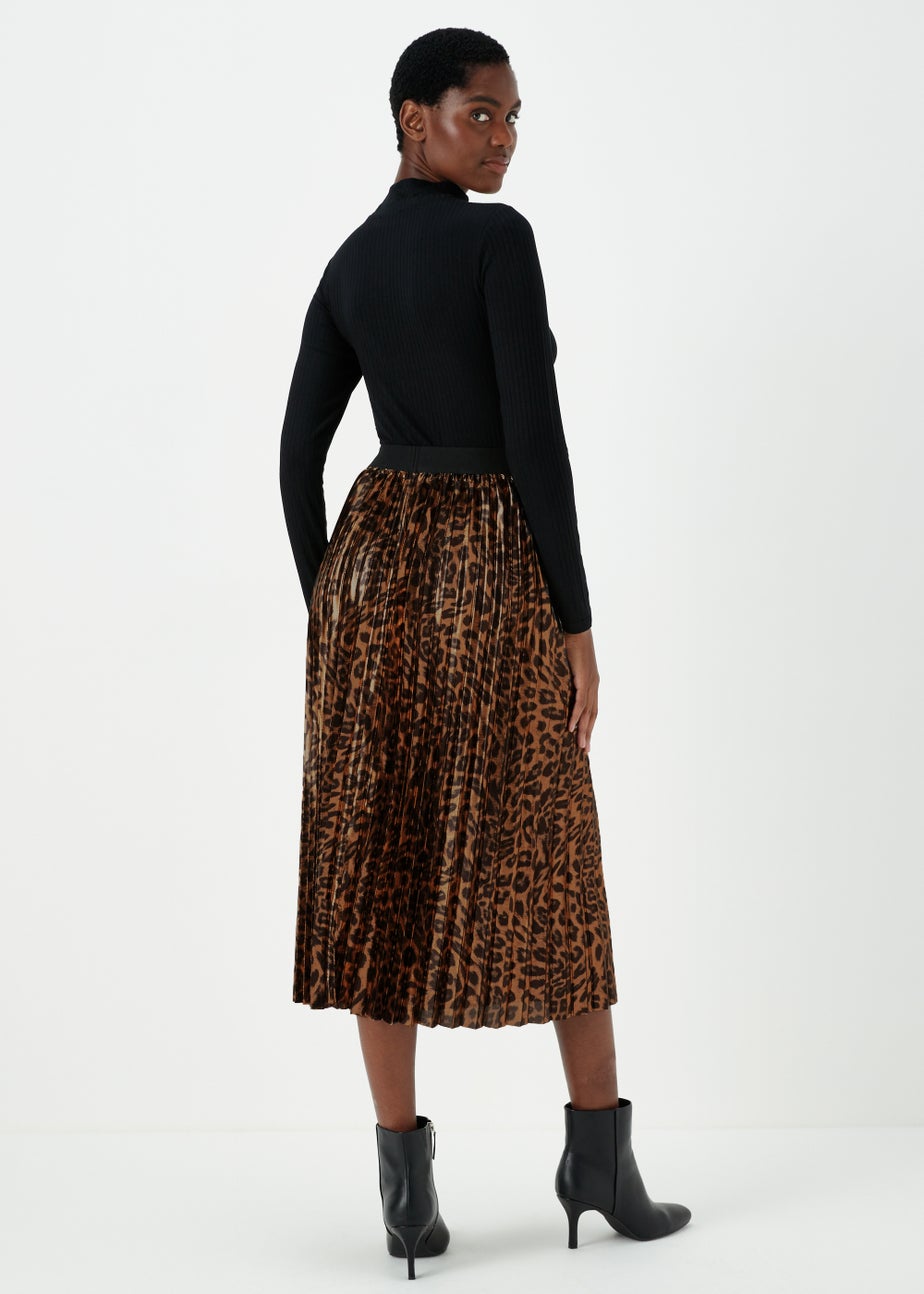 Gold Animal Print Plisse Midi Skirt