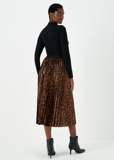 Gold Animal Print Plisse Midi Skirt