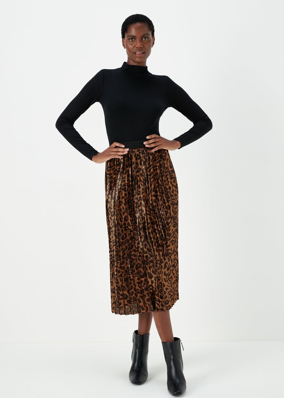 Gold Animal Print Plisse Midi Skirt