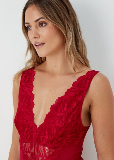 Red Lace Detail V-Neck Bodysuit