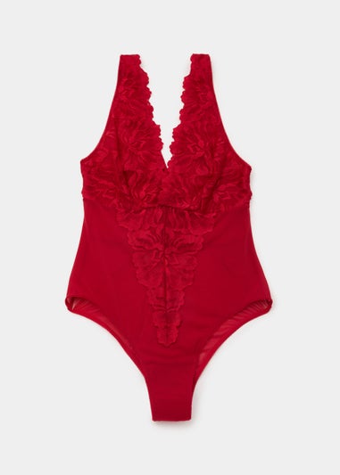 Red Lace Detail V-Neck Bodysuit