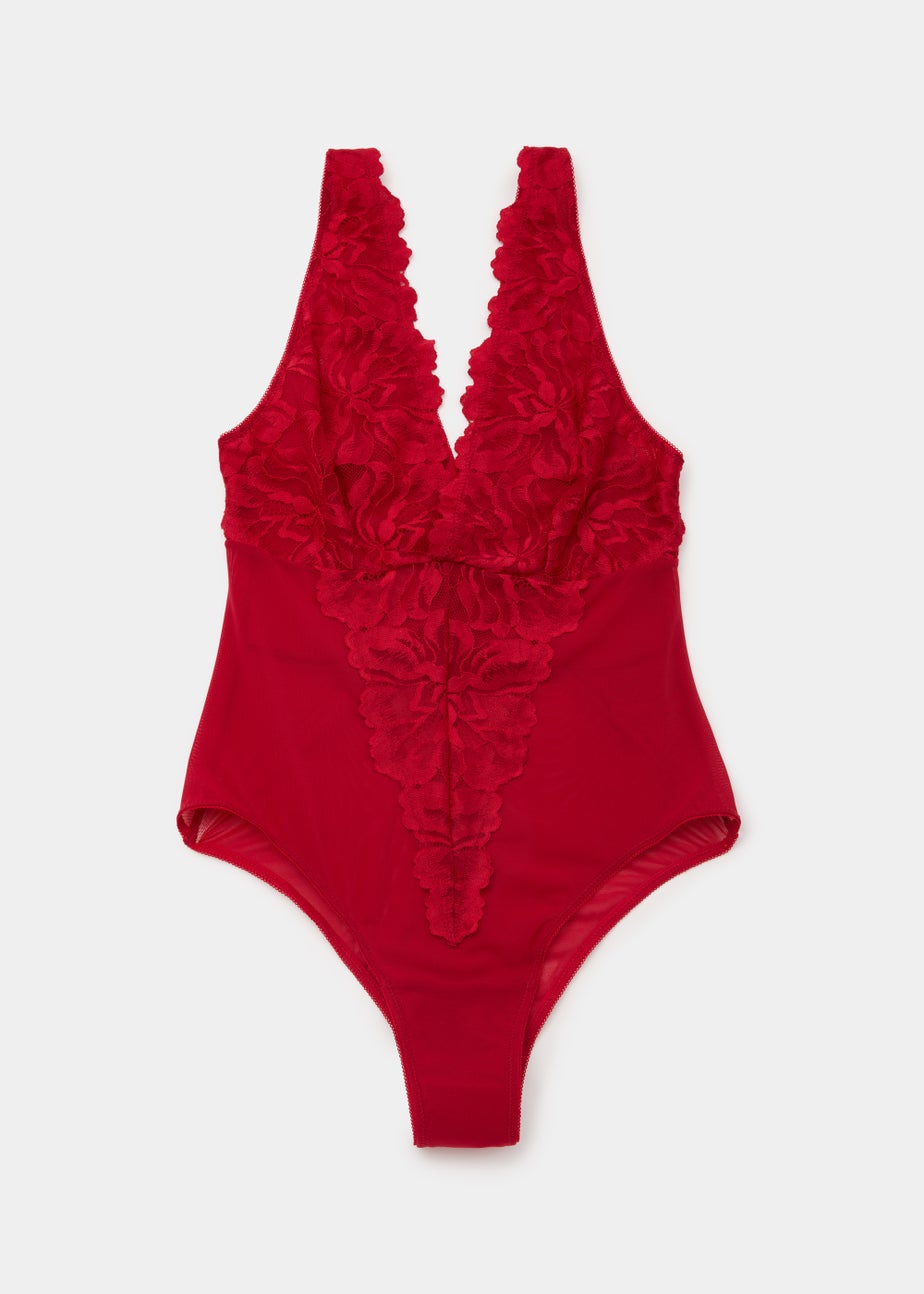 Red Lace Detail V-Neck Bodysuit