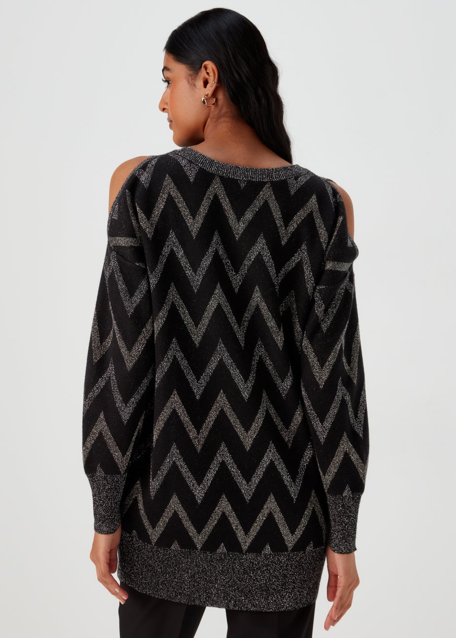 Et Vous Black Metallic Zigzag Cold Shoulder Knitted Mini Dress