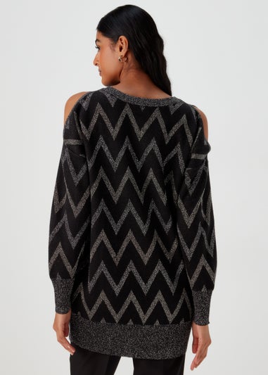 Et Vous Black Metallic Zigzag Cold Shoulder Knitted Mini Dress