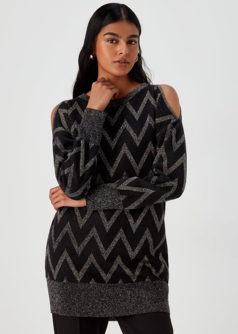 Et Vous Black Metallic Zigzag Cold Shoulder Knitted Mini Dress