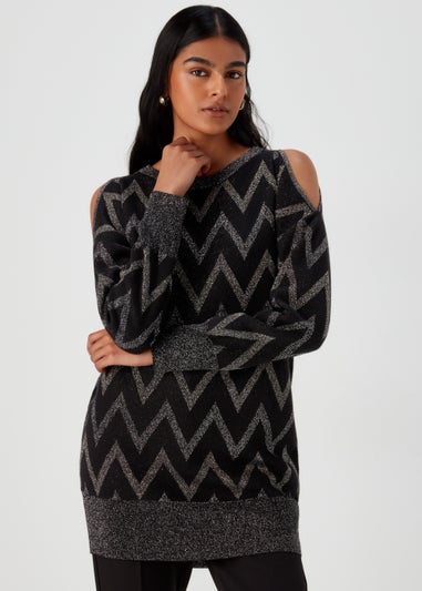 Et Vous Black Metallic Zigzag Cold Shoulder Knitted Mini Dress