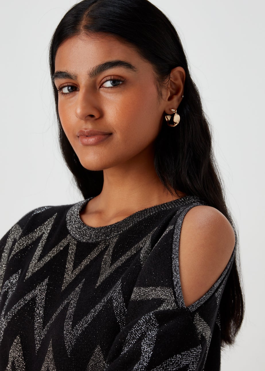 Et Vous Black Metallic Zigzag Cold Shoulder Knitted Mini Dress
