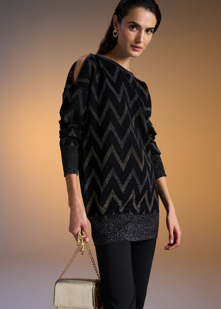 Et Vous Black Metallic Zigzag Cold Shoulder Knitted Mini Dress