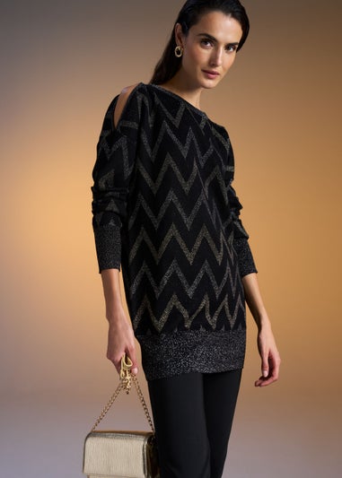 Et Vous Black Metallic Zigzag Cold Shoulder Knitted Mini Dress