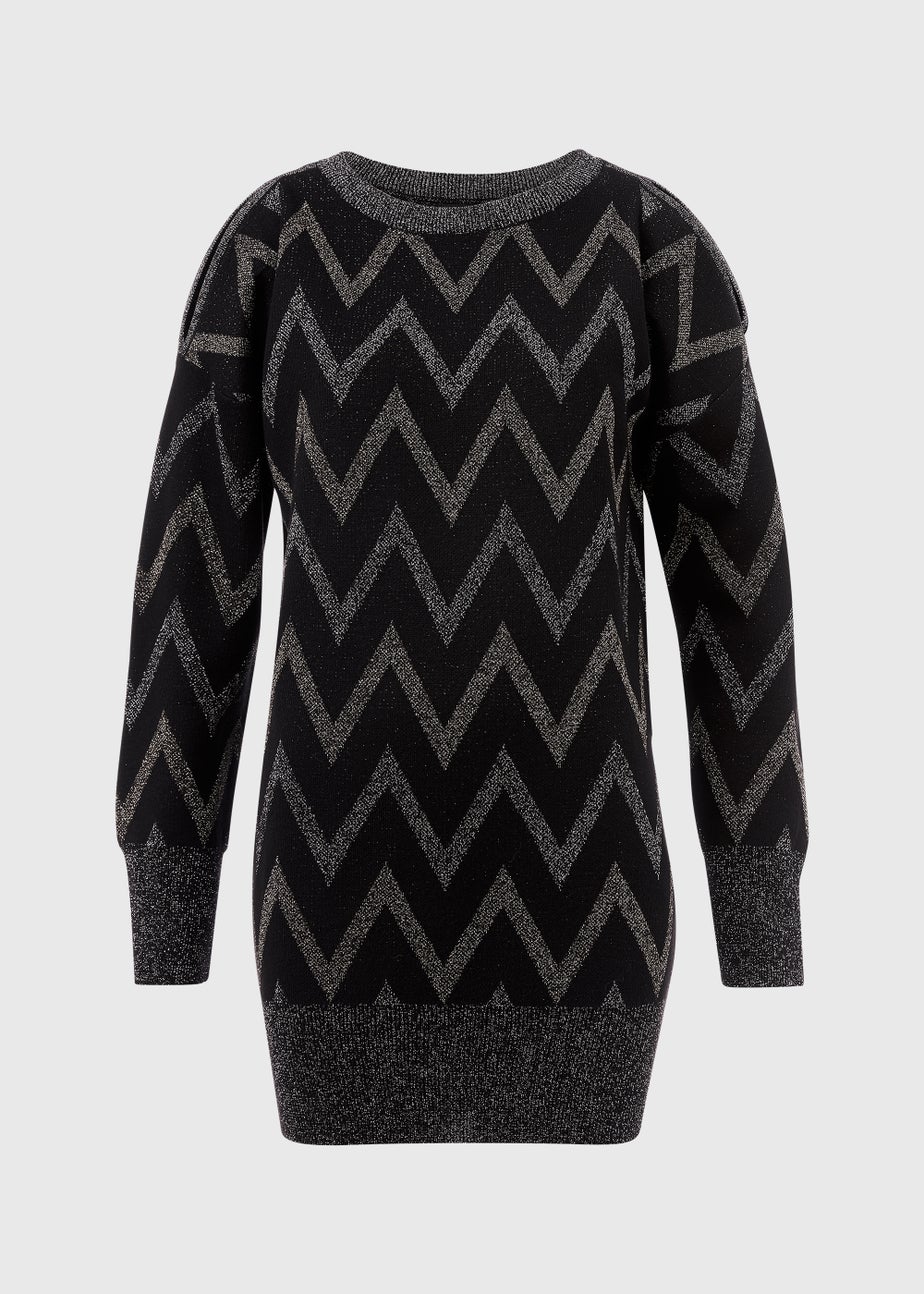 Et Vous Black Metallic Zigzag Cold Shoulder Knitted Mini Dress