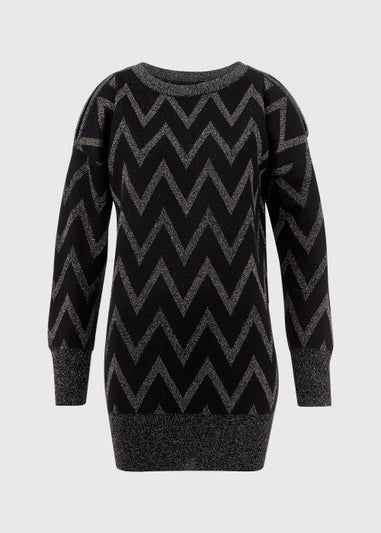 Et Vous Black Metallic Zigzag Cold Shoulder Knitted Mini Dress