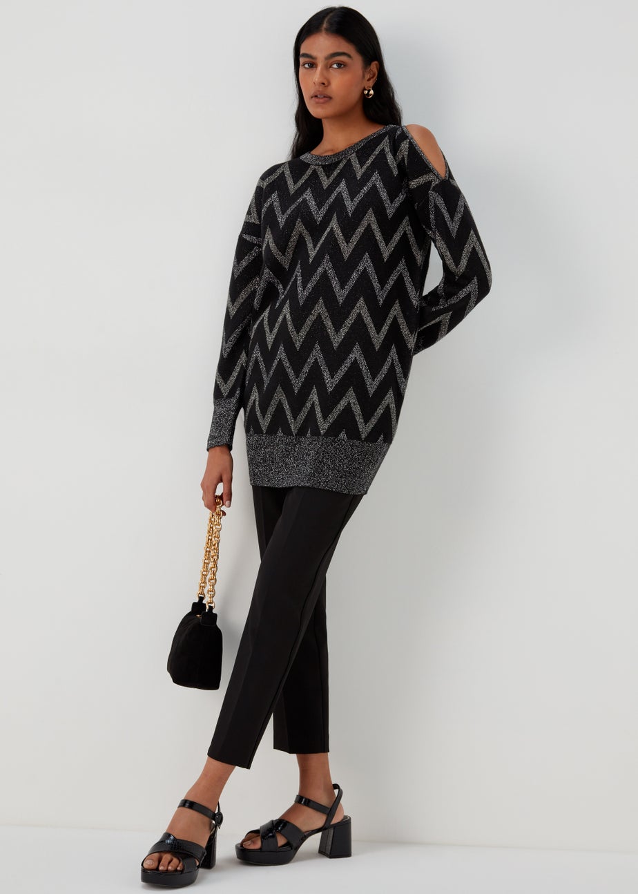 Et Vous Black Metallic Zigzag Cold Shoulder Knitted Mini Dress