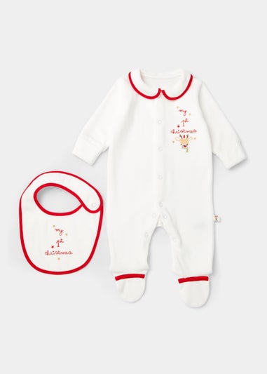 Baby Cream My First Christmas Velour Sleepsuit & Bib Set (Tiny Baby-6mths)