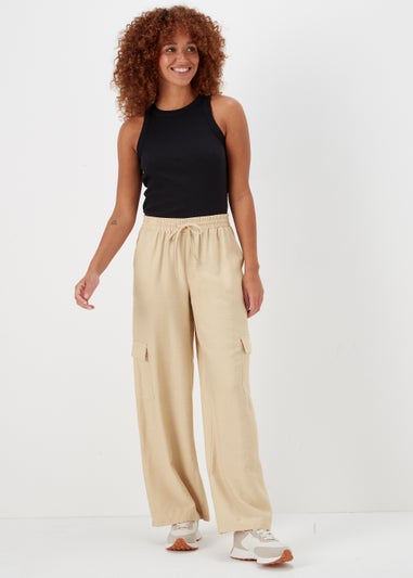 Stone Wide Leg Cargo Trousers