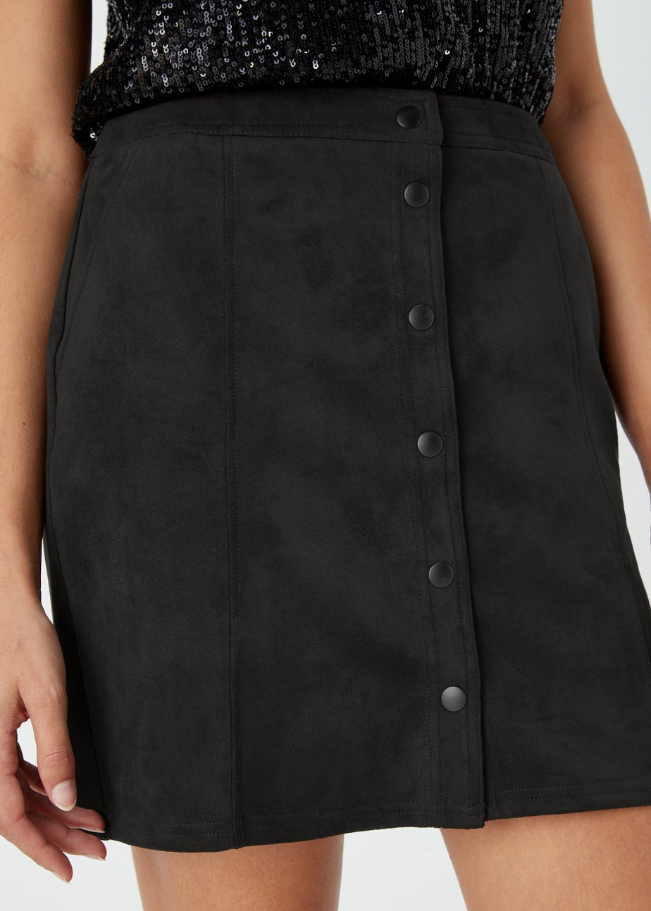 Black Faux Suede Button Mini Skirt