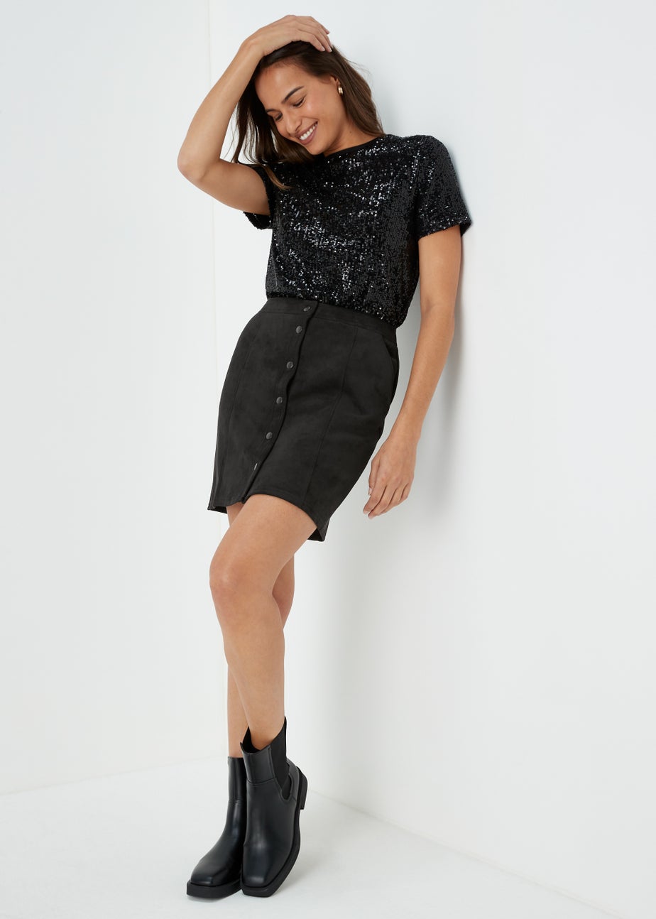Black Faux Suede Button Mini Skirt