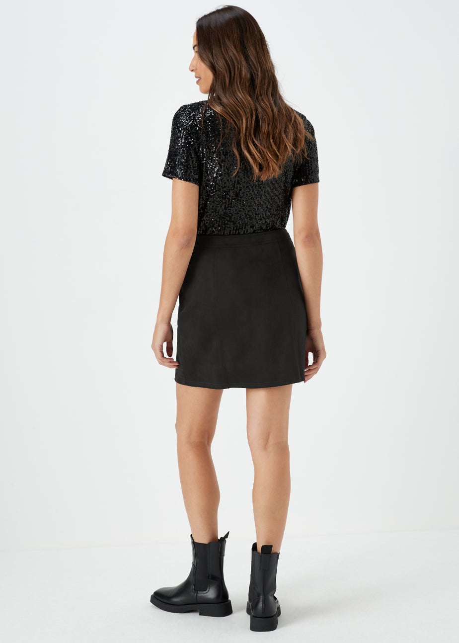 Black Faux Suede Button Mini Skirt