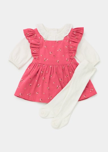 Girls Berry Cord Floral Print Dress Top & Tights Set (Newborn-23mths)