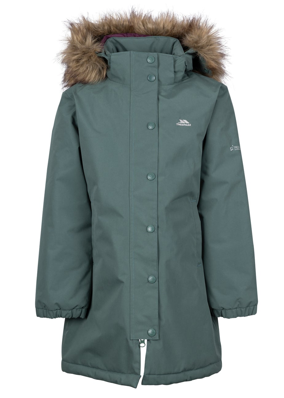 Kids Trespass Green Astound Faux Fur Collar Coat (2-12yrs)