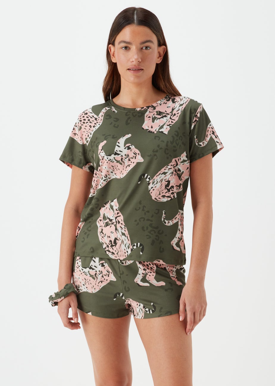 Khaki Leopard Print Short Pyjama & Scrunchie Set