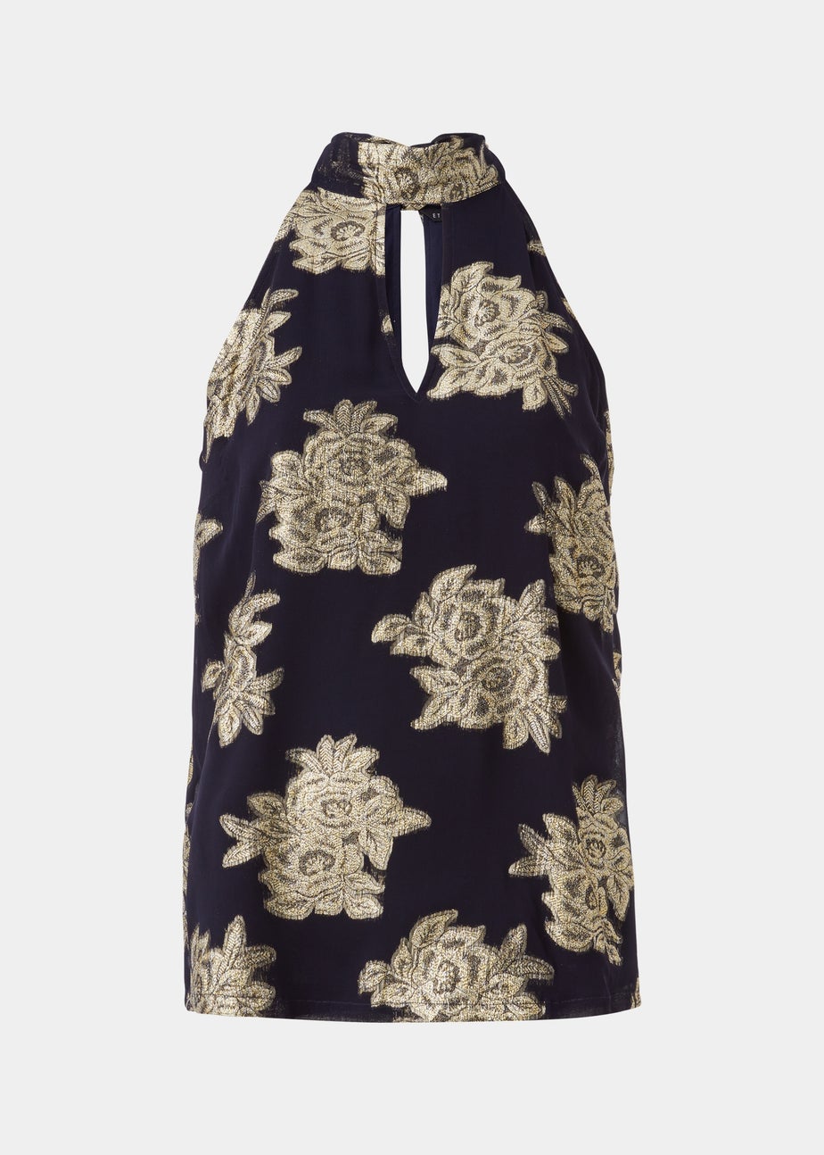 Et Vous Navy Floral High Neck Sleeveless Top