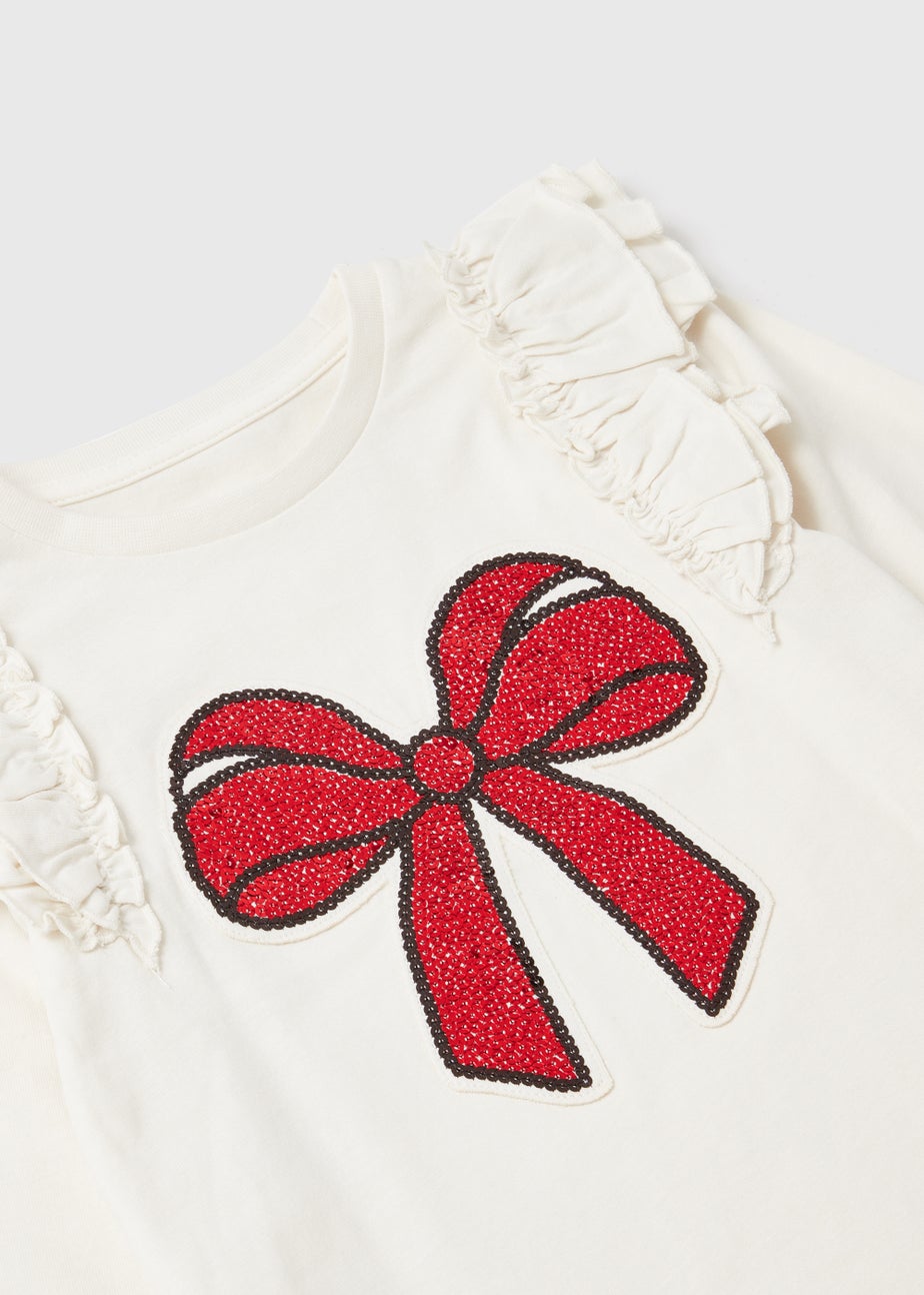 Girls Cream Bow Print Frill Long Sleeve T-Shirt (9mths-6yrs)