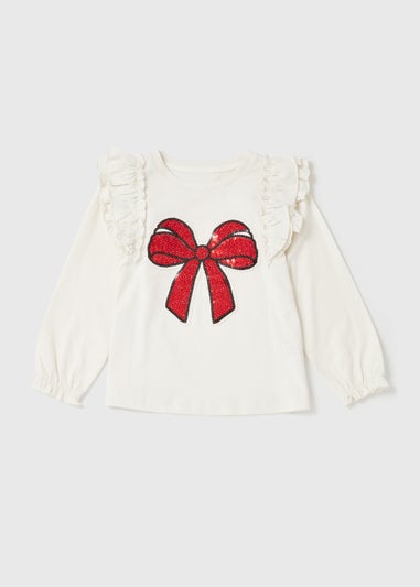 Girls Cream Bow Print Frill Long Sleeve T-Shirt (9mths-6yrs)