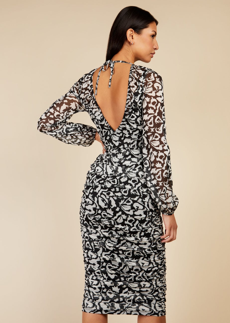 Little Mistress Black & White Print Mesh Midi Dress