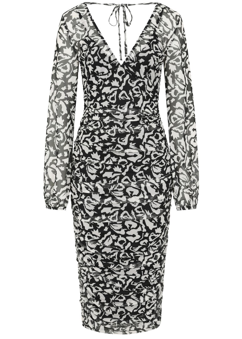 Little Mistress Black & White Print Mesh Midi Dress