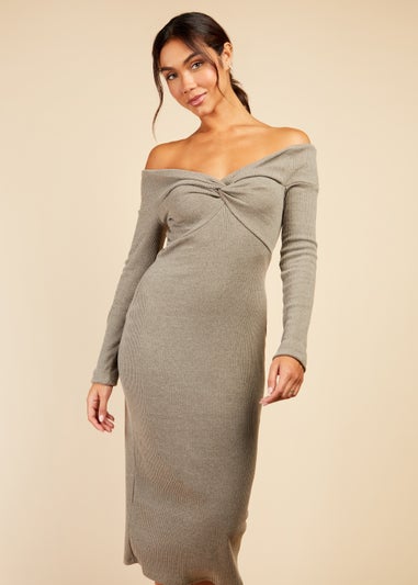 Little Mistress Grey Bardot Knitted Midi Dress
