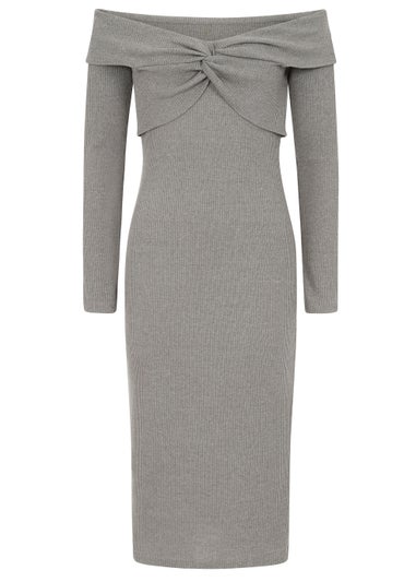 Little Mistress Grey Bardot Knitted Midi Dress