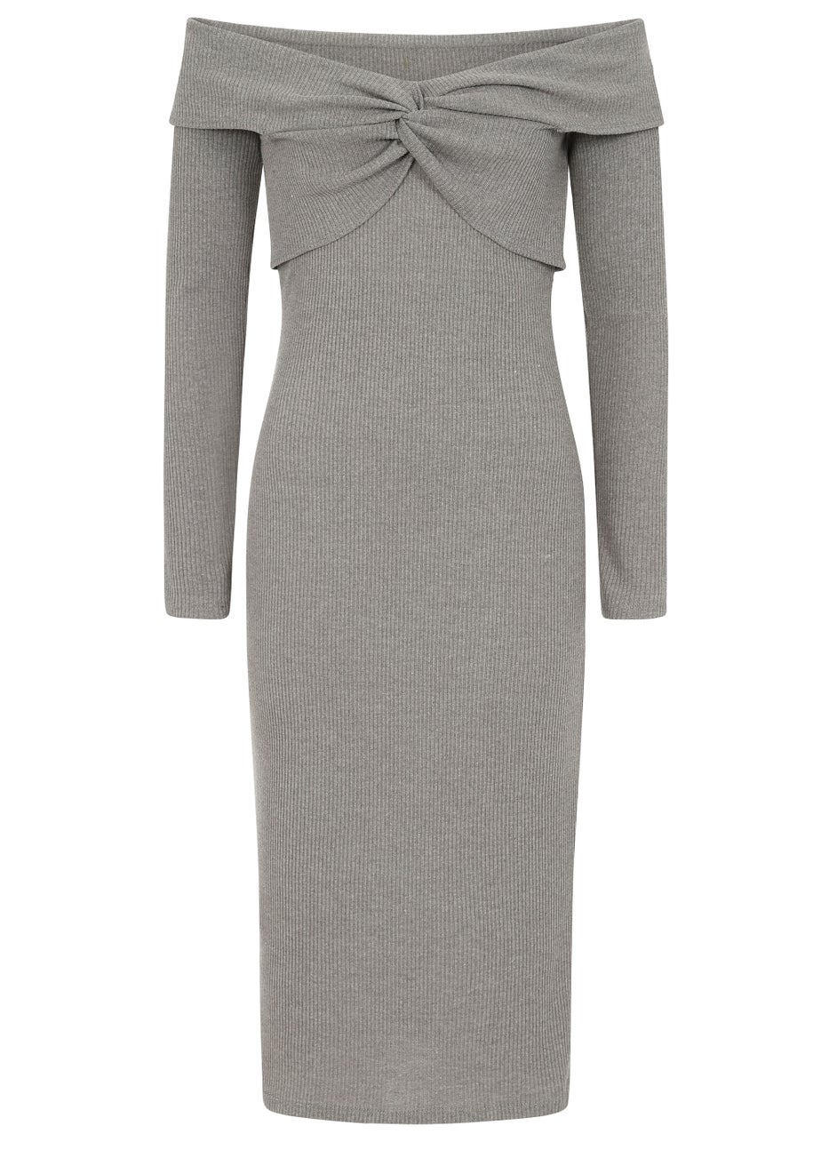 Little Mistress Grey Bardot Knitted Midi Dress