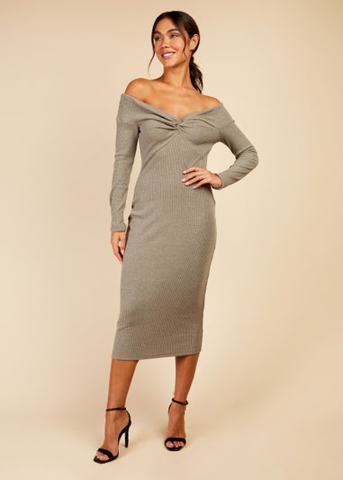 Little Mistress Grey Bardot Knitted Midi Dress