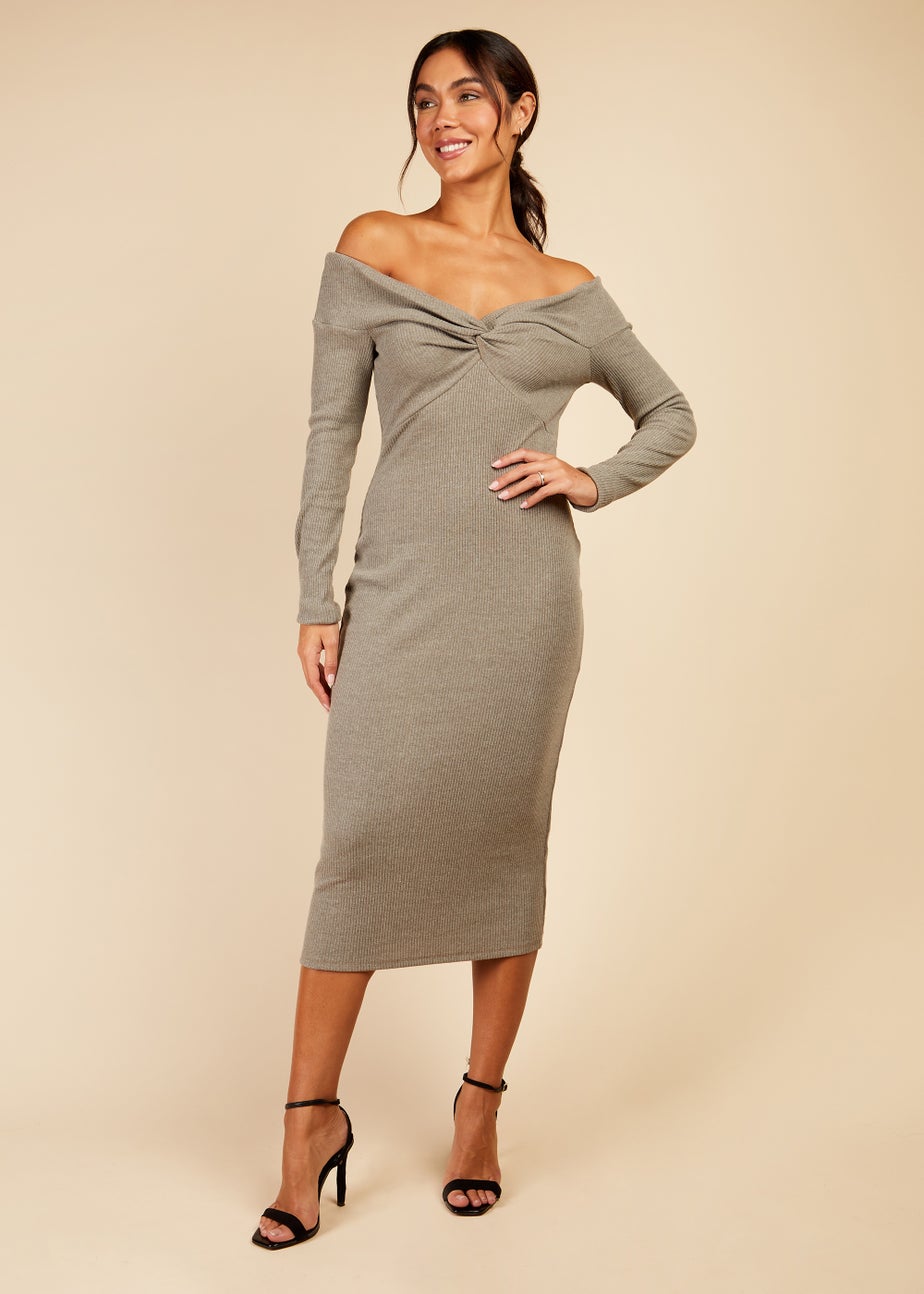 Little Mistress Grey Bardot Knitted Midi Dress